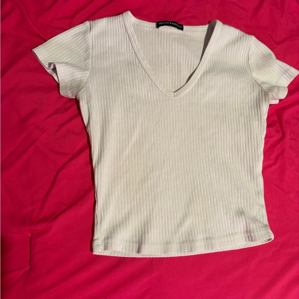 Brandy Melville Ribbed V-Neck White Tee